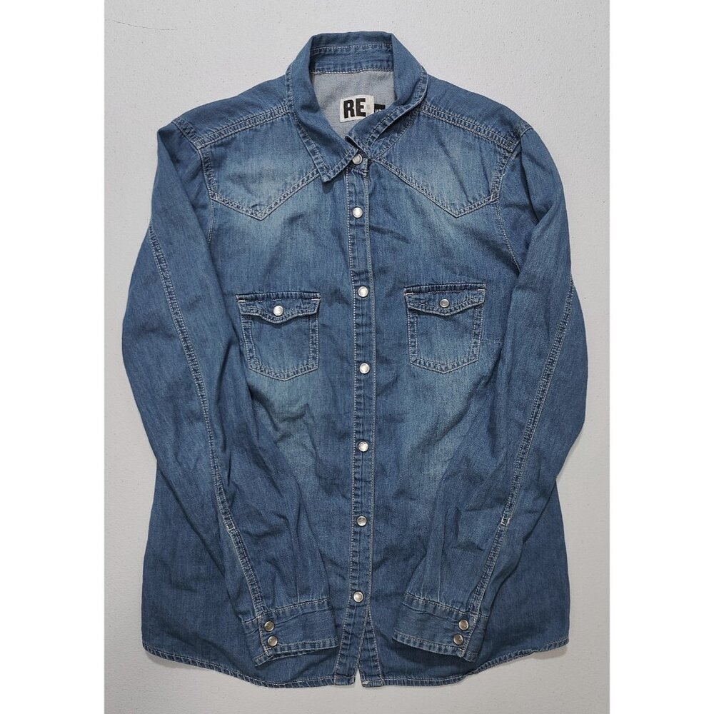 RE Denim Women's Blue Pearl Snap Button Up Shirt Size 14/38(Equiv. Size S)